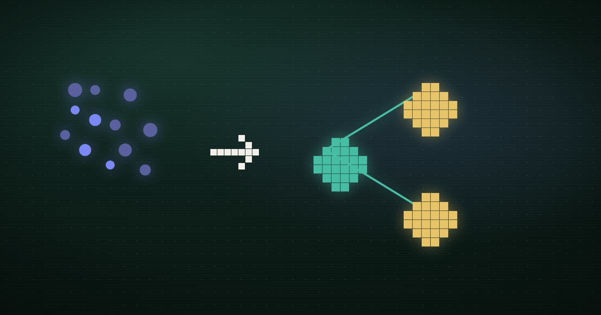 Pixel art of three chat bubbles, a magnifying glass, and a glowing ticket on a dark teal background