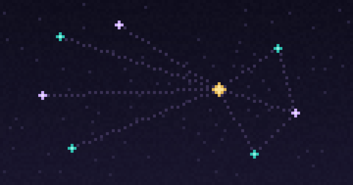 Pixel art of scattered teal and purple blocks converging into a glowing gold lattice on a dark starfield