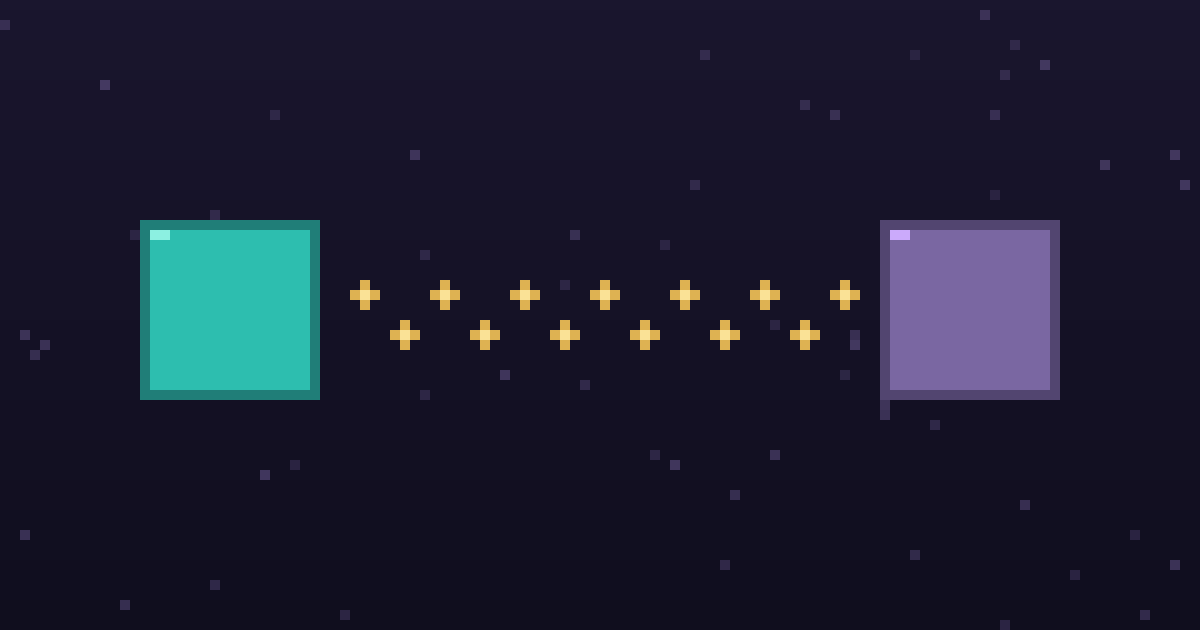 Pixel art of two pixel nodes joined by a dotted gold pipeline on a dark purple background