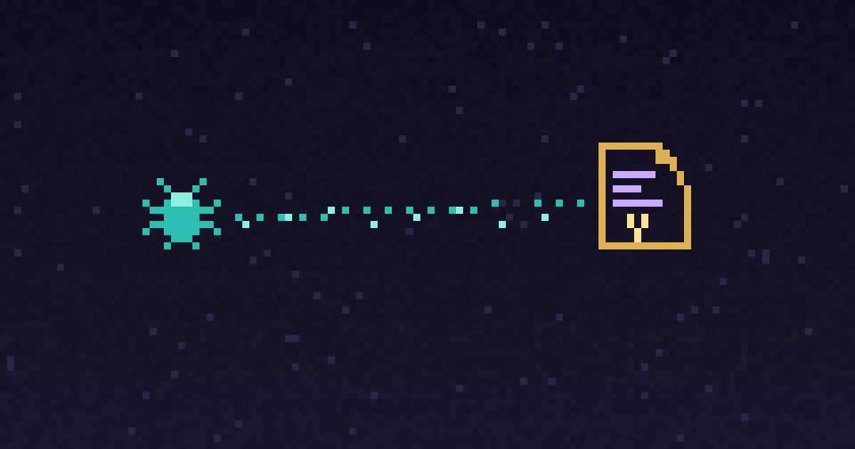 Pixel art of a glowing bug icon traveling a dotted pipeline toward a pull request document on a dark purple background