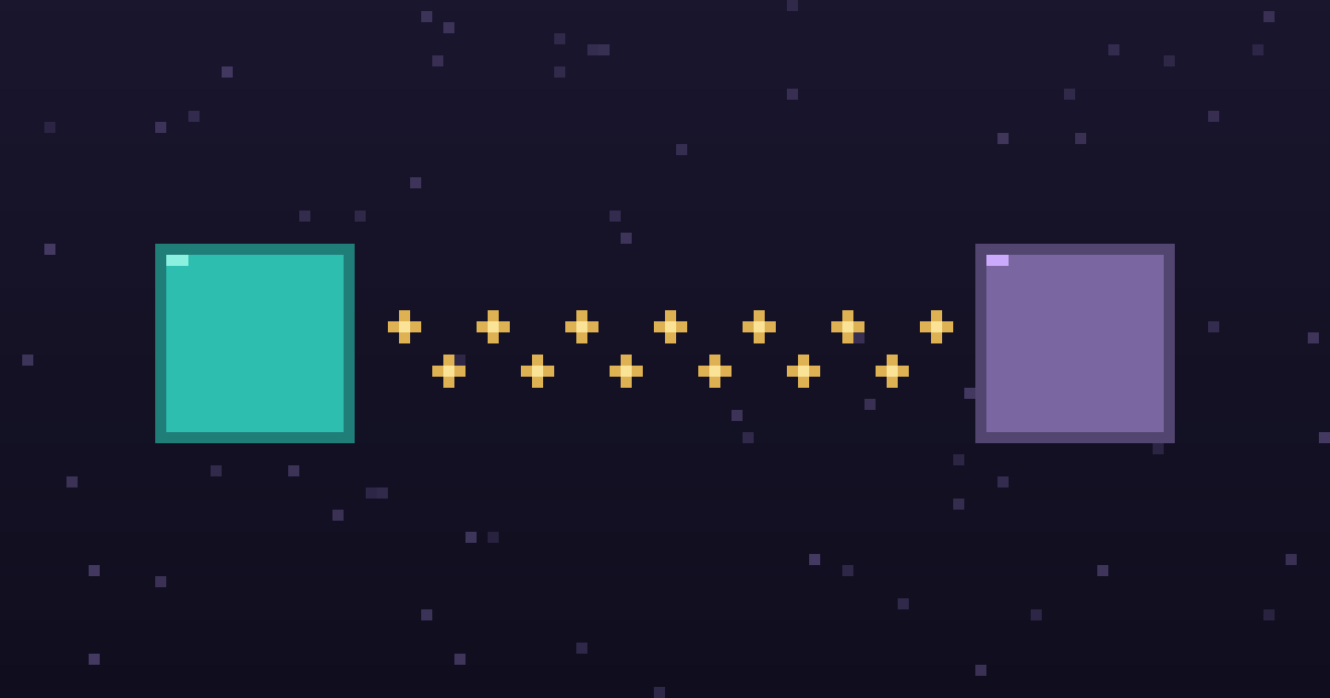 Pixel art of two pixel nodes joined by a dotted gold pipeline on a dark purple background