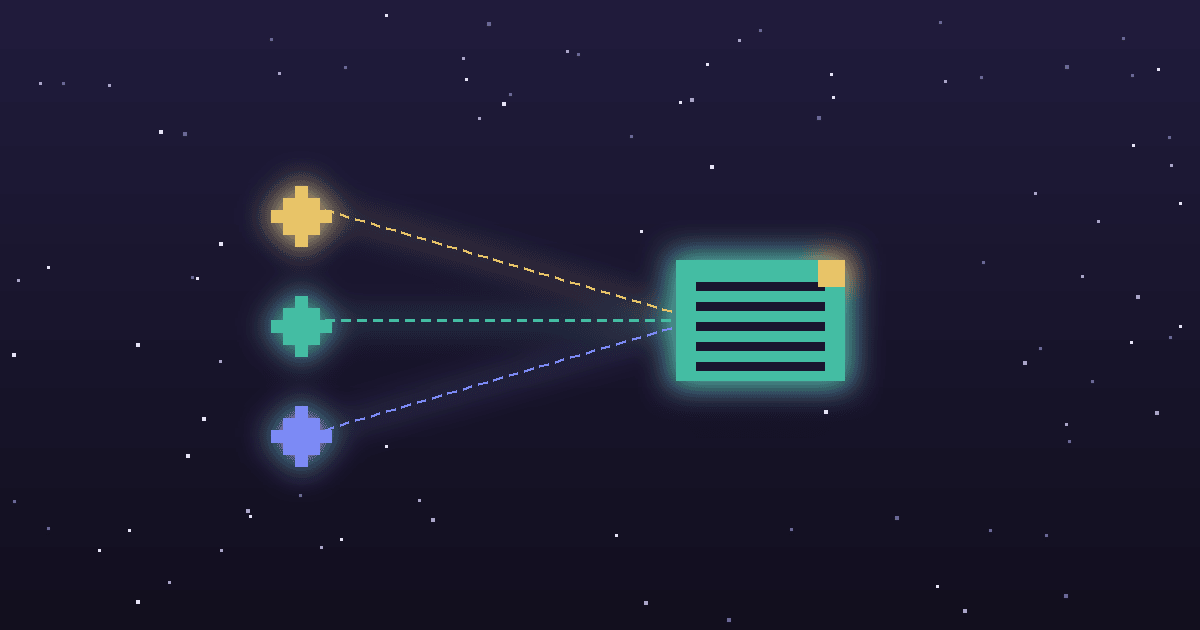 Pixel art of three glowing pixel nodes sending dotted signal lines into a single pixel ticket icon on a dark purple background