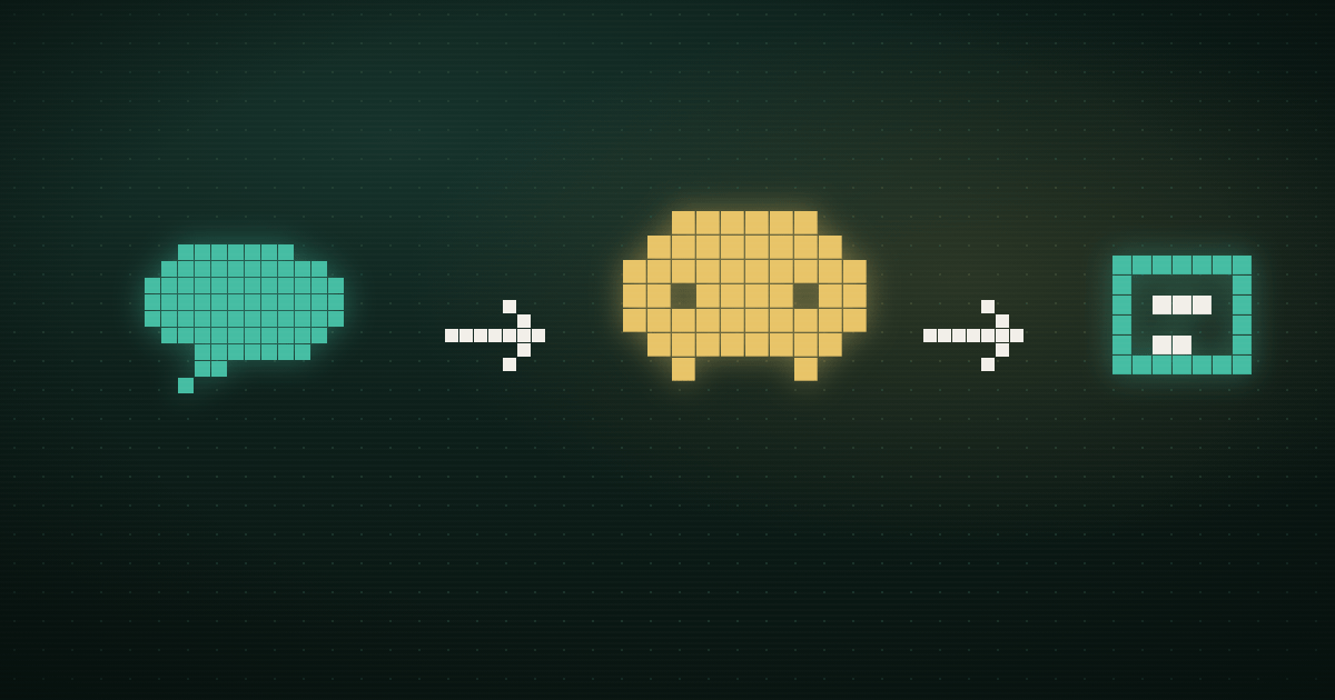 Pixel art of a speech bubble routed through a gold robot into a code card on a dark green background