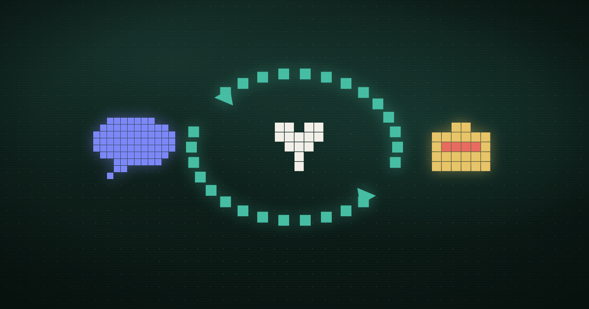 Pixel art of a chat bubble caught in a circular arrow loop ending at a glowing ticket on a dark green background