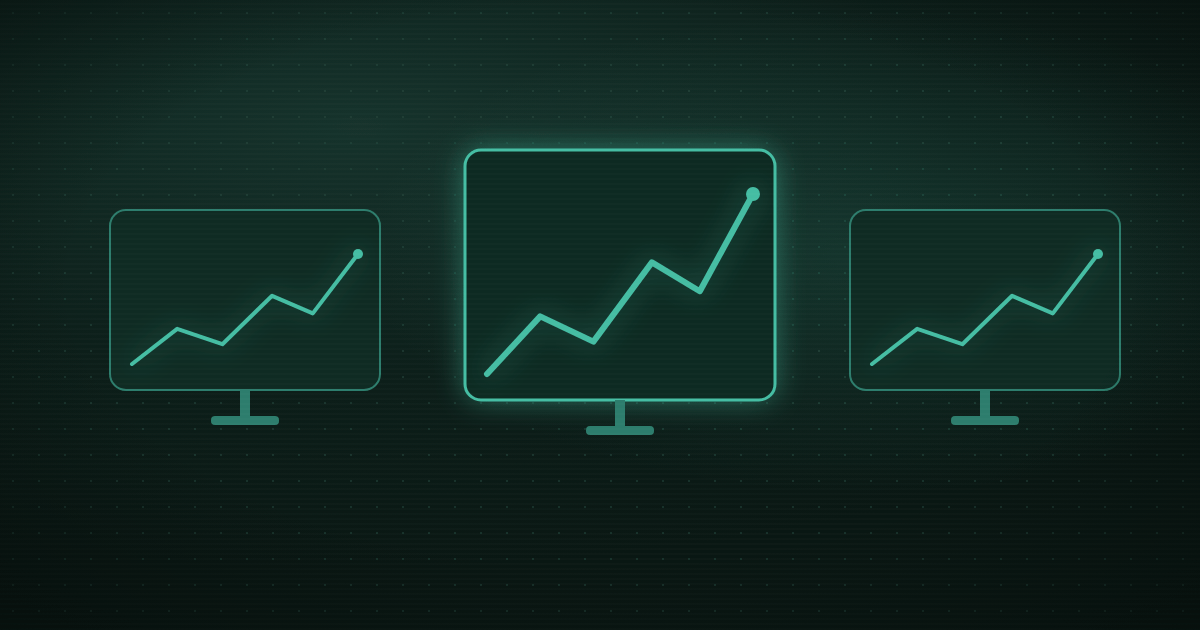 Pixel art of three monitors showing rising line charts, the center one glowing, on a dark green background