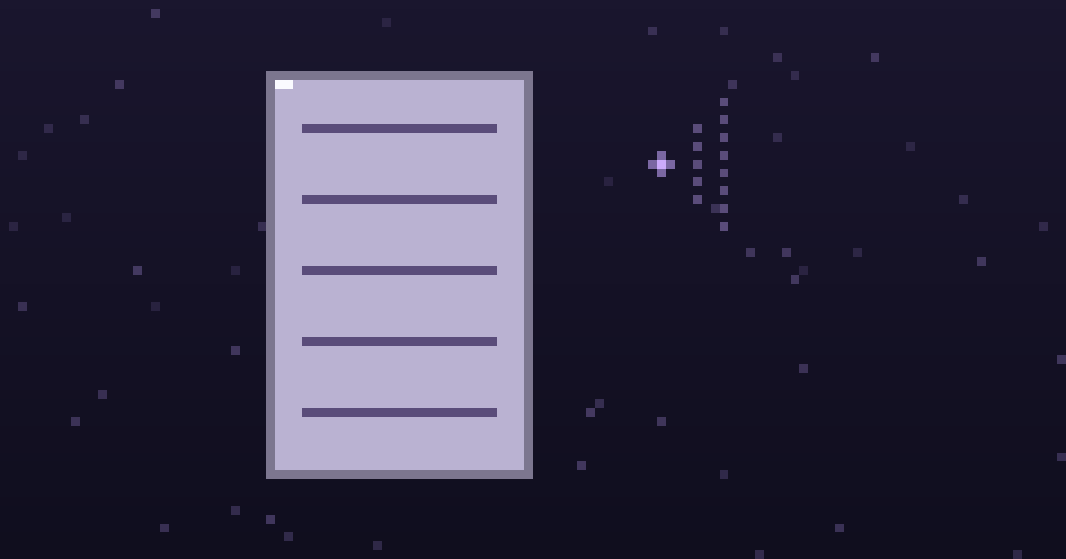 Pixel art of a pixel document beside a glowing broadcast dot on a dark purple background