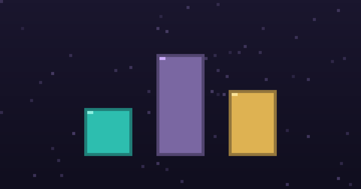 Pixel art of three glowing pixel pillars of different heights on a dark purple background