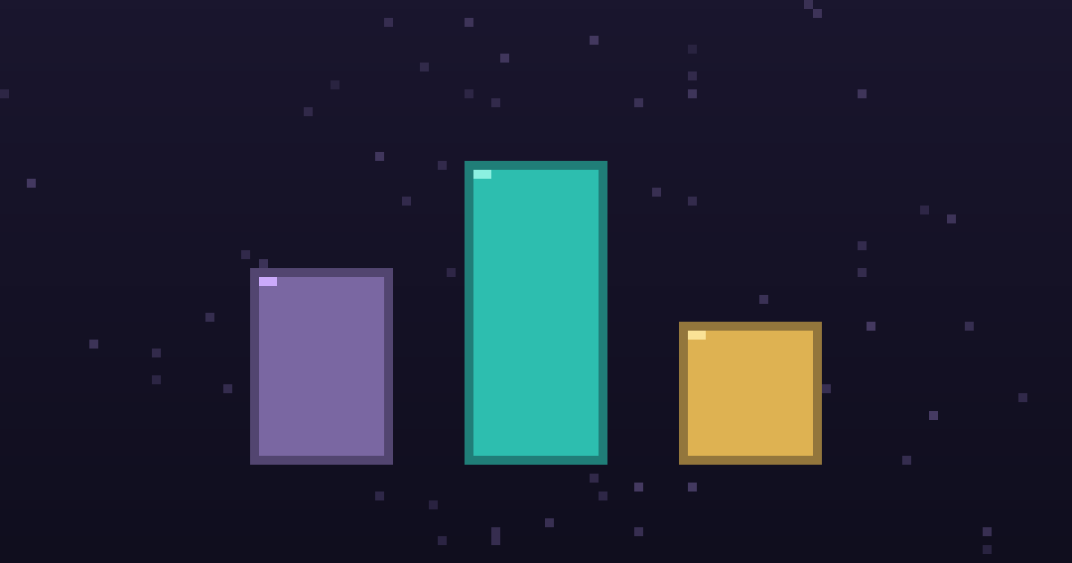 Pixel art of three glowing pixel pillars of different heights on a dark purple background