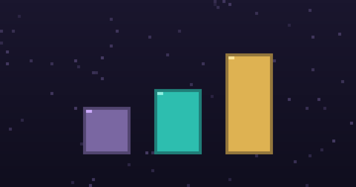 Pixel art of three glowing pixel pillars of different heights on a dark purple background