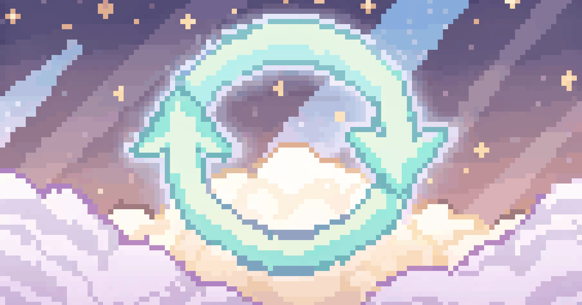 Pixel art of a glowing teal circle of chasing arrows in a starry sky