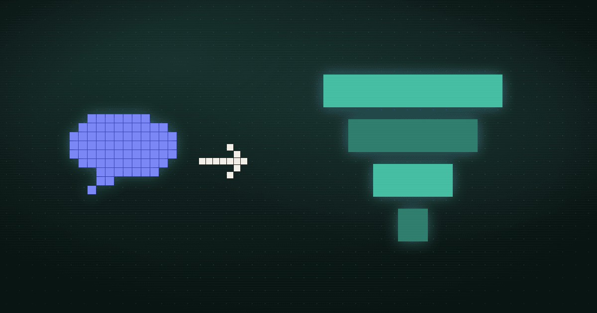 Pixel art of a teal funnel narrowing around gold event dots, two of them dropping off to the side