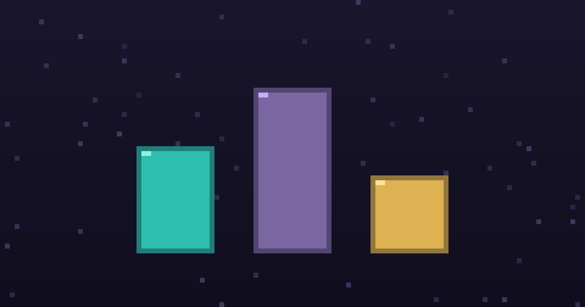 Pixel art of three glowing pixel pillars of different heights on a dark purple background