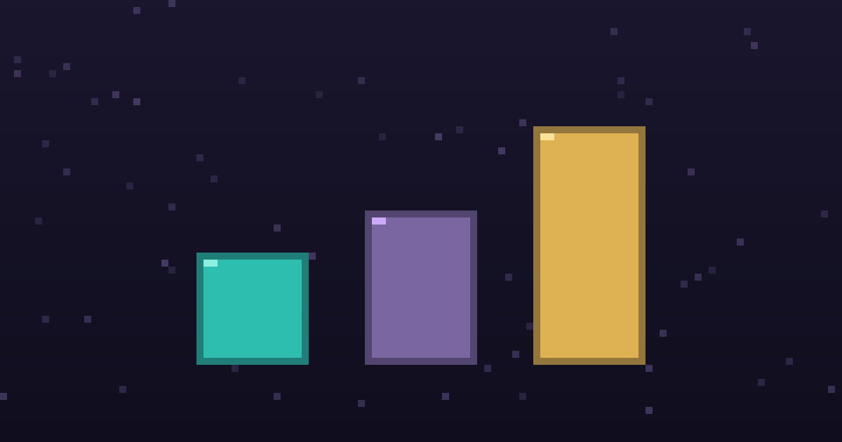 Pixel art of three glowing pixel pillars of different heights on a dark purple background