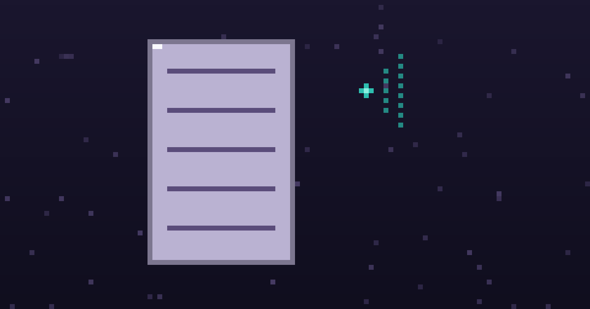 Pixel art of a pixel document beside a glowing broadcast dot on a dark purple background