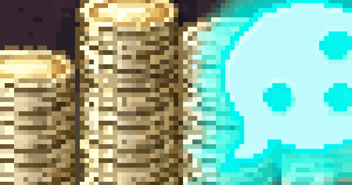 Pixel art of a gold coin stack beside a glowing teal chat bubble