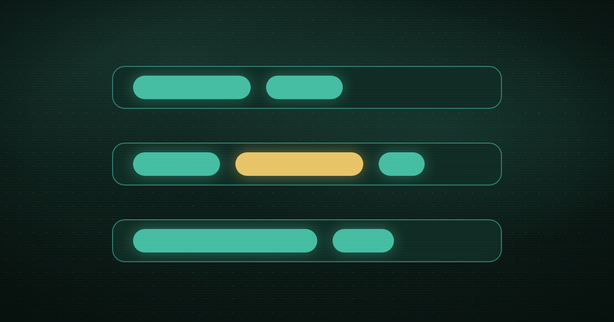 Pixel art of three glowing request rows with status pills on a dark green background