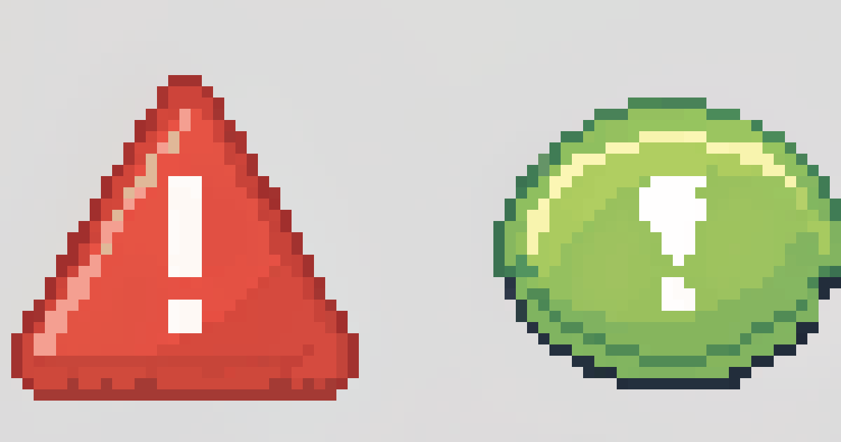 Pixel art of a red warning triangle beside a green alert icon