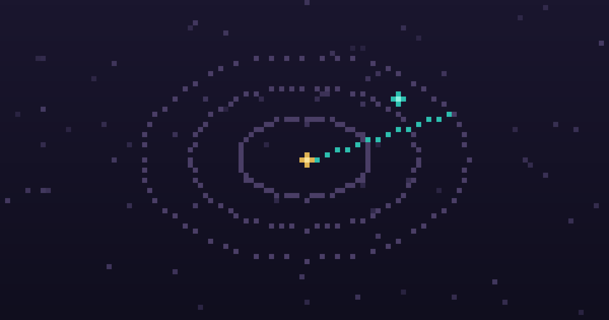 Pixel art of a pixel radar sweep with glowing contacts on a dark purple background