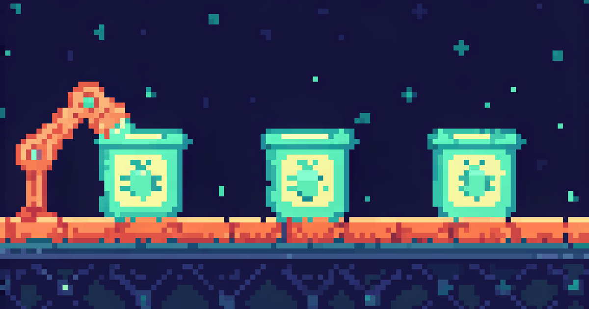 Pixel art of a robot arm sorting glowing bug icons into teal bins