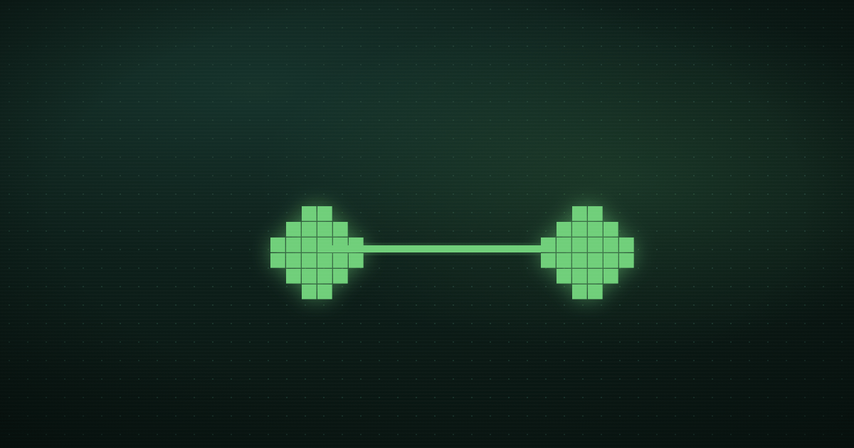 Pixel art of two glowing green issue nodes connected by a line on a dark green background