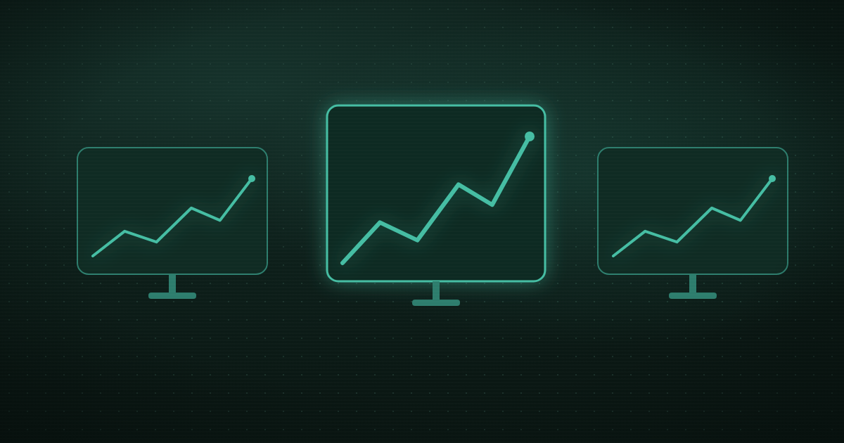 Pixel art of three monitor screens in a row with glowing upward charts
