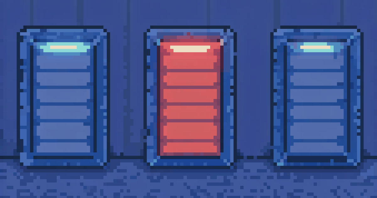 Pixel art of three product boards side by side with the middle one glowing red