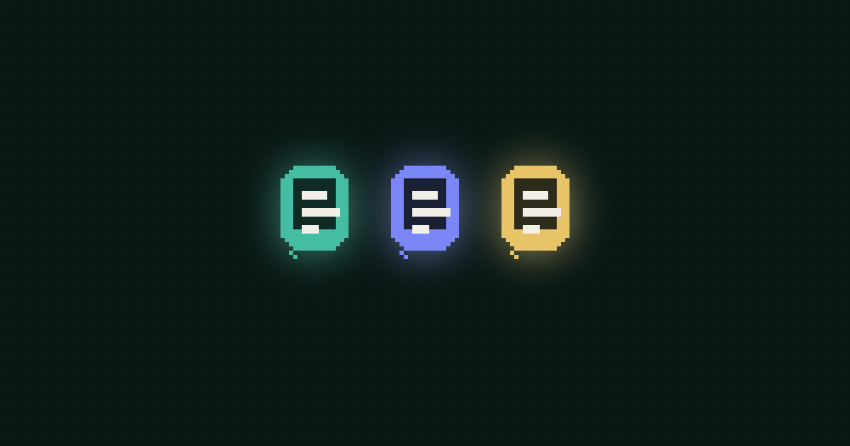 Pixel art of three chat inbox panels with gold speech bubbles and teal message lines