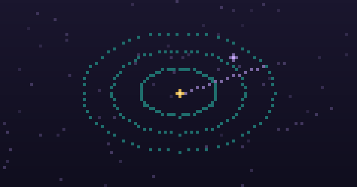Pixel art of a pixel radar sweep with glowing contacts on a dark purple background