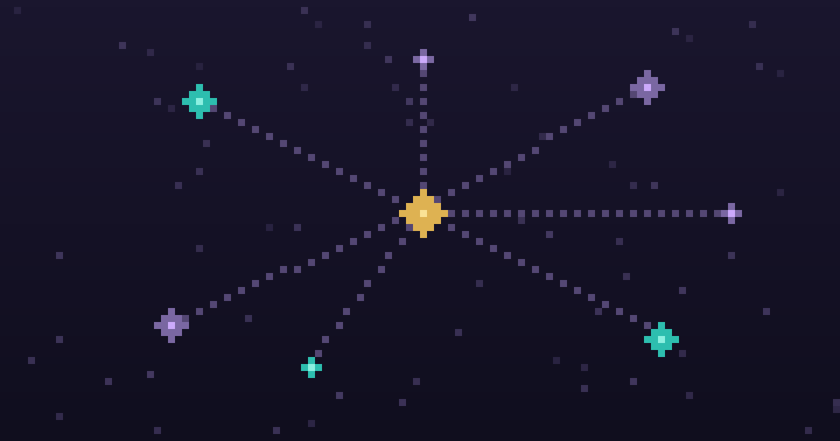 Pixel art of glowing graph nodes connected to a gold hub node on a dark purple background