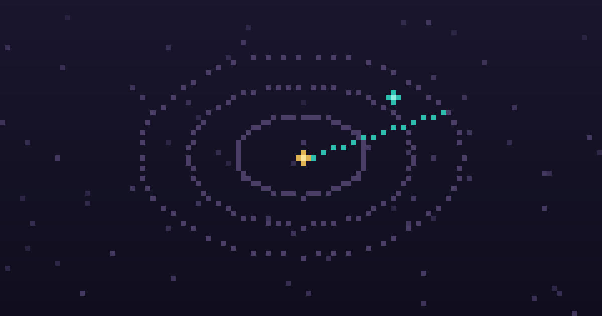 Pixel art of a pixel radar sweep with glowing contacts on a dark purple background