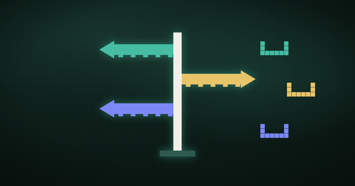 Pixel art of a signpost with three colored arrows pointing to different destinations on a dark green background