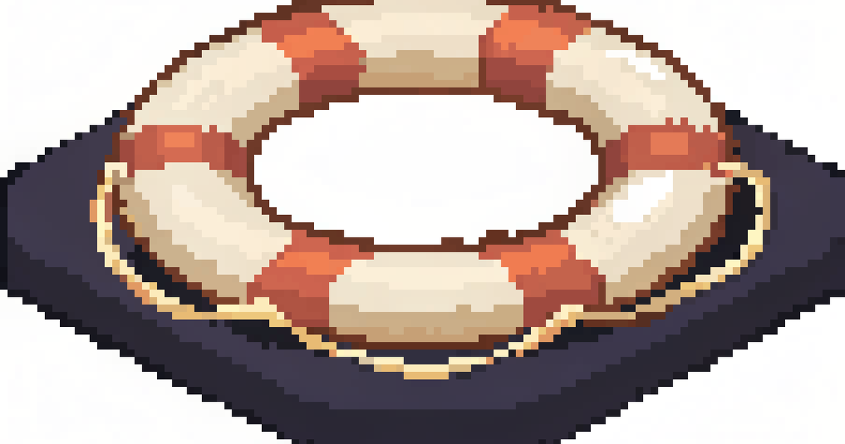 Pixel art of a teal and orange life buoy ring with gold trim on a dark background