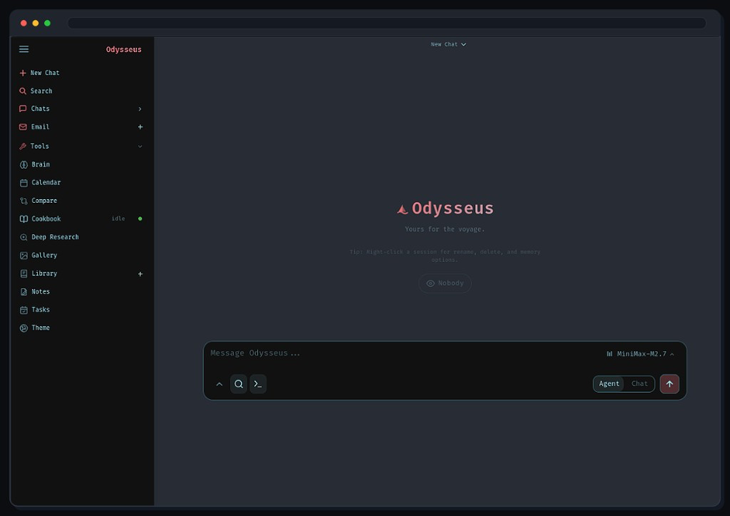 Odysseus AI workspace UI: dark theme with a pink Odysseus logo, sidebar of tools, and a chat input set to Agent mode.