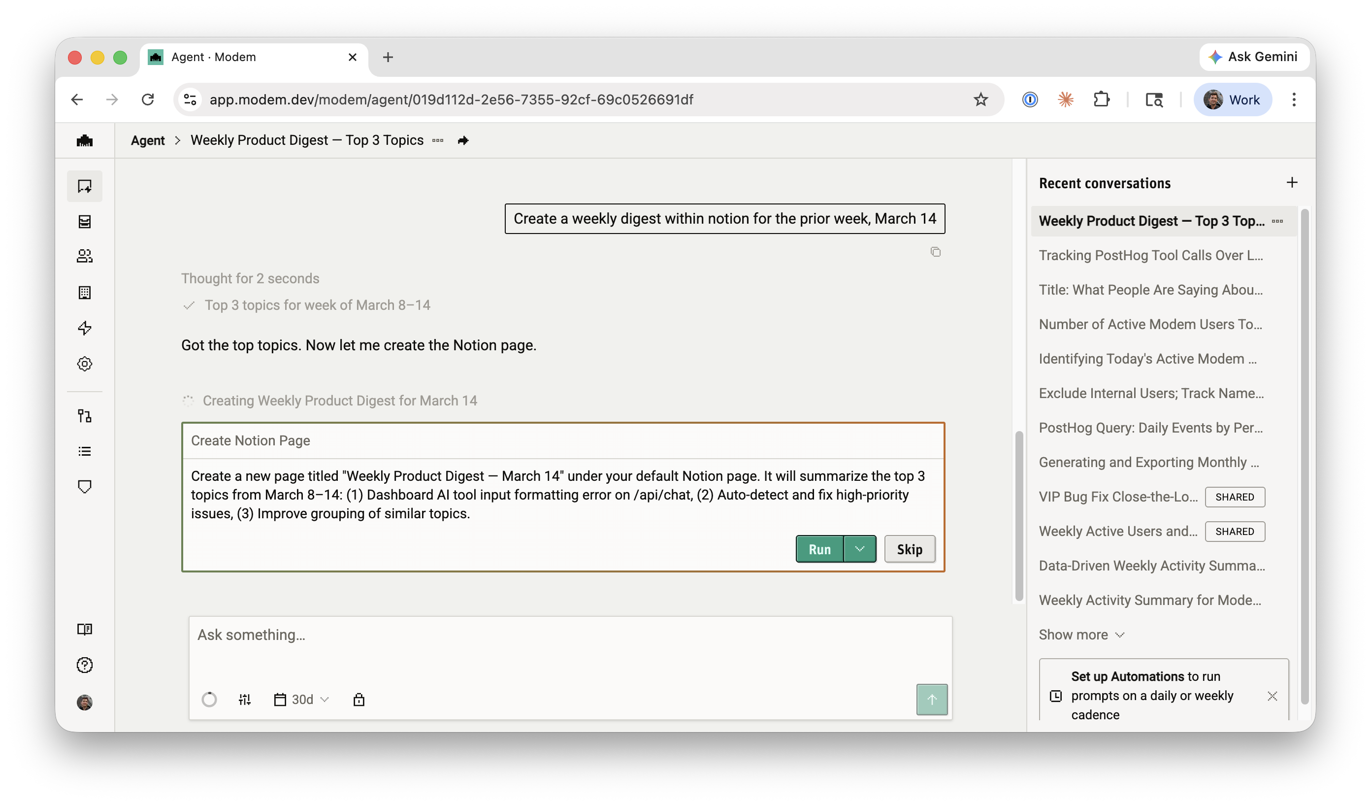 The Modem agent proposing to create a Notion page, with a summary of the write and Run/Skip buttons