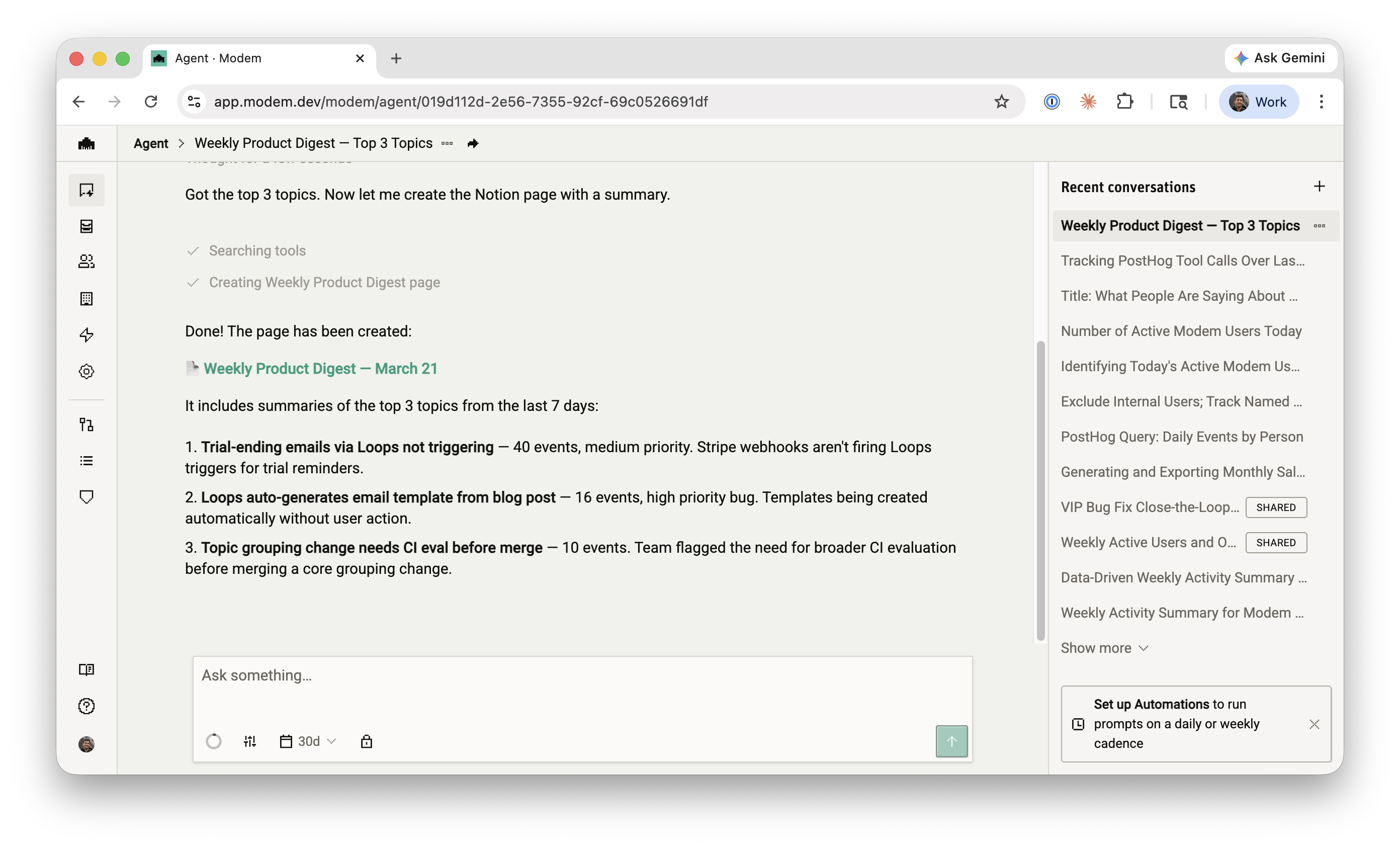 The agent confirming the Notion page was created, with a link and a summary of the top 3 topics