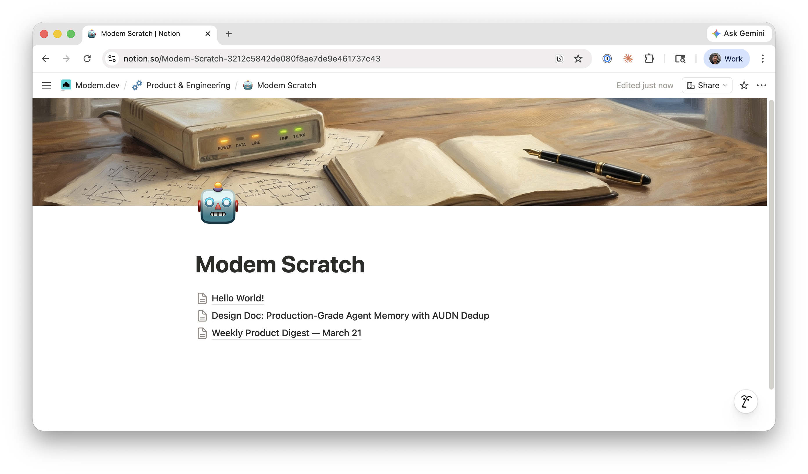The Modem Scratch page in Notion, showing pages created by the agent