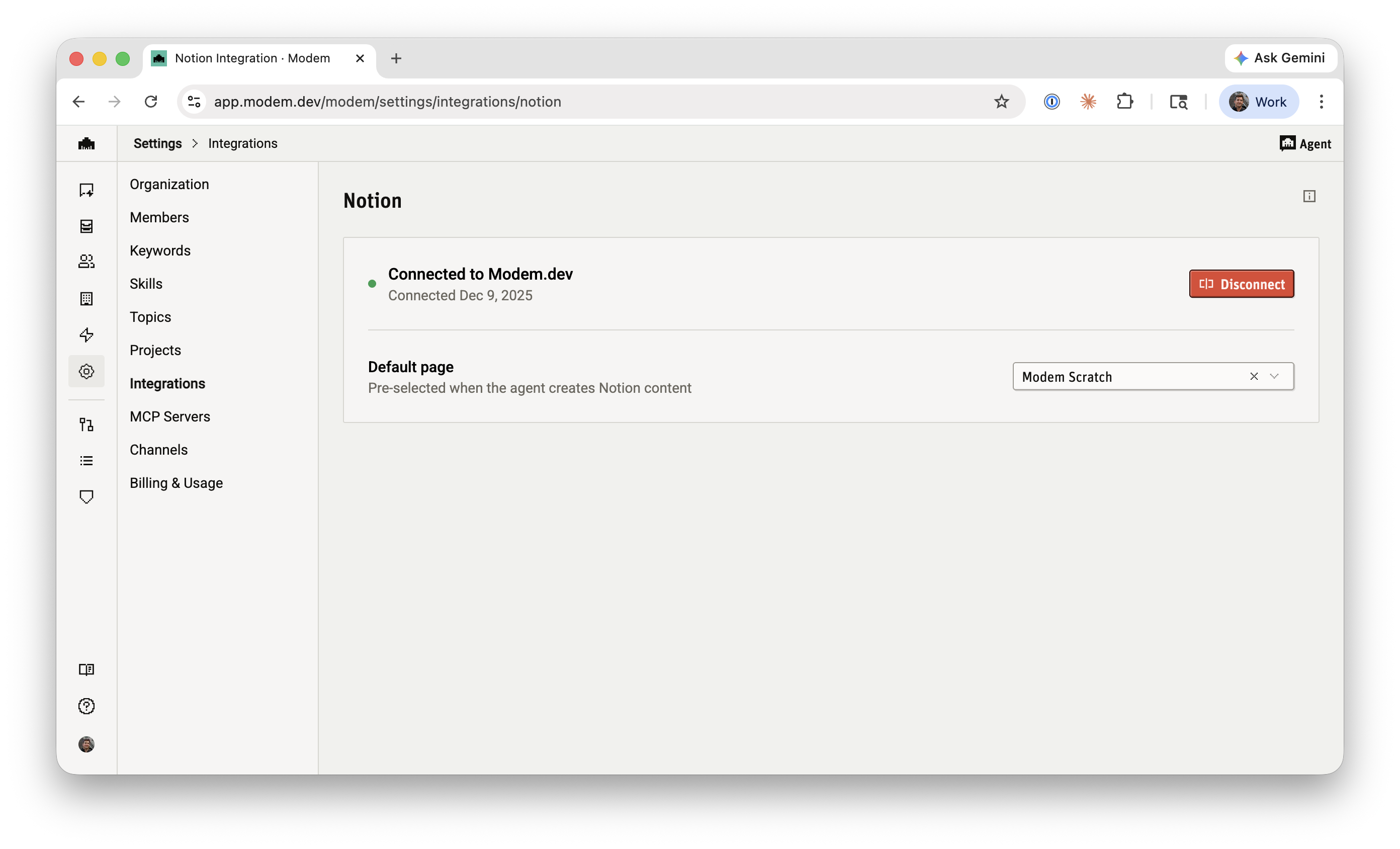 Notion integration settings showing the connected workspace and default page selector