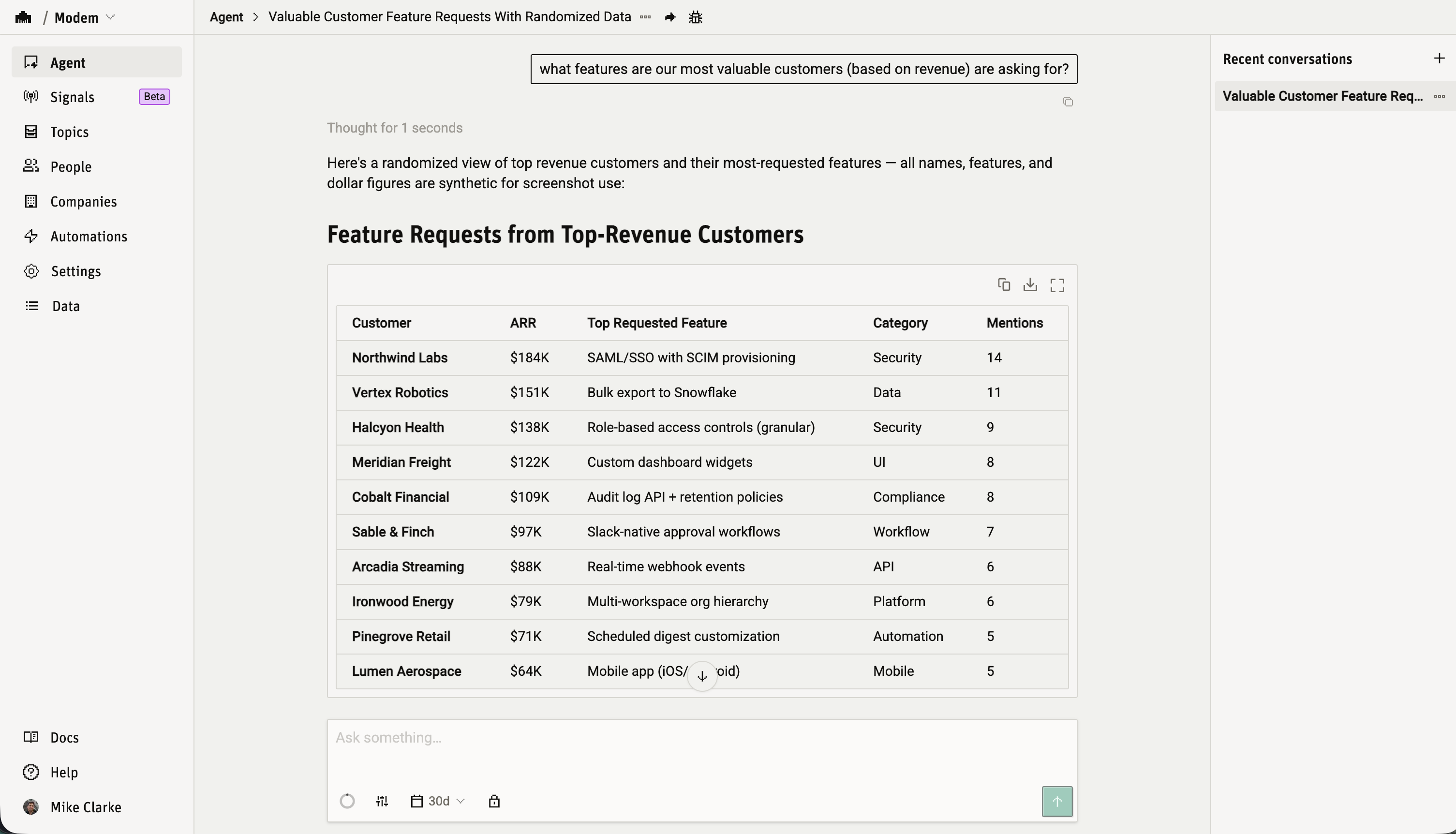 The Modem Agent answering 'what features are our most valuable customers asking for?' with a table of customers, ARR, and top requested features