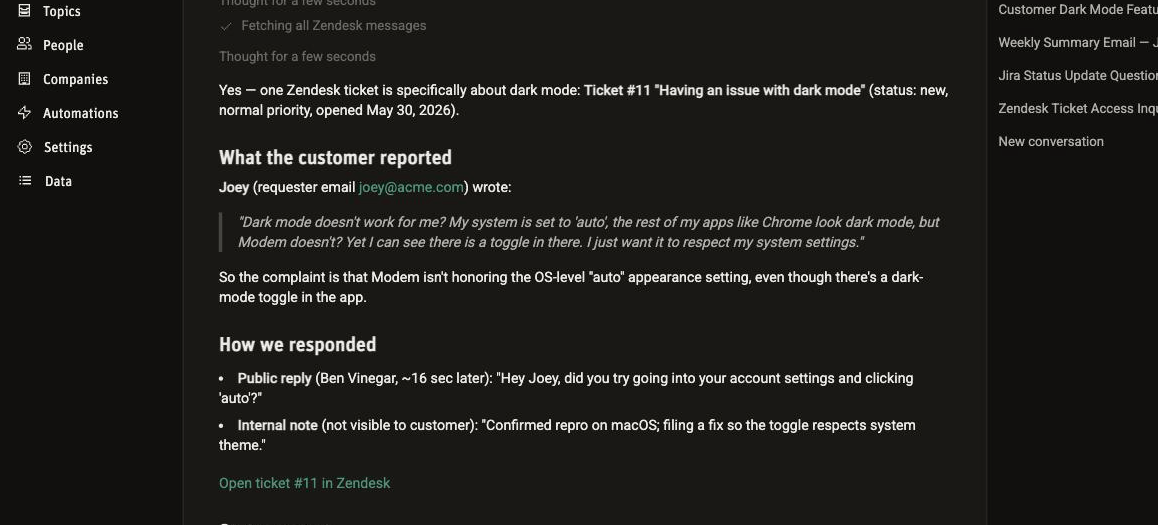 The Modem agent answering a question about dark mode tickets, summarizing the customer report and the team's response with a link back to the Zendesk ticket