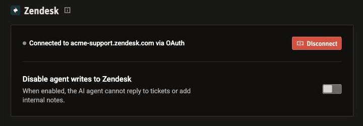 Zendesk integration connected in Modem settings, showing the connected account and the agent writes toggle