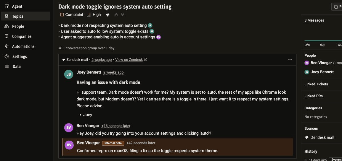 A Modem topic built from a Zendesk ticket, showing the customer message, an internal note, and Zendesk listed as the source